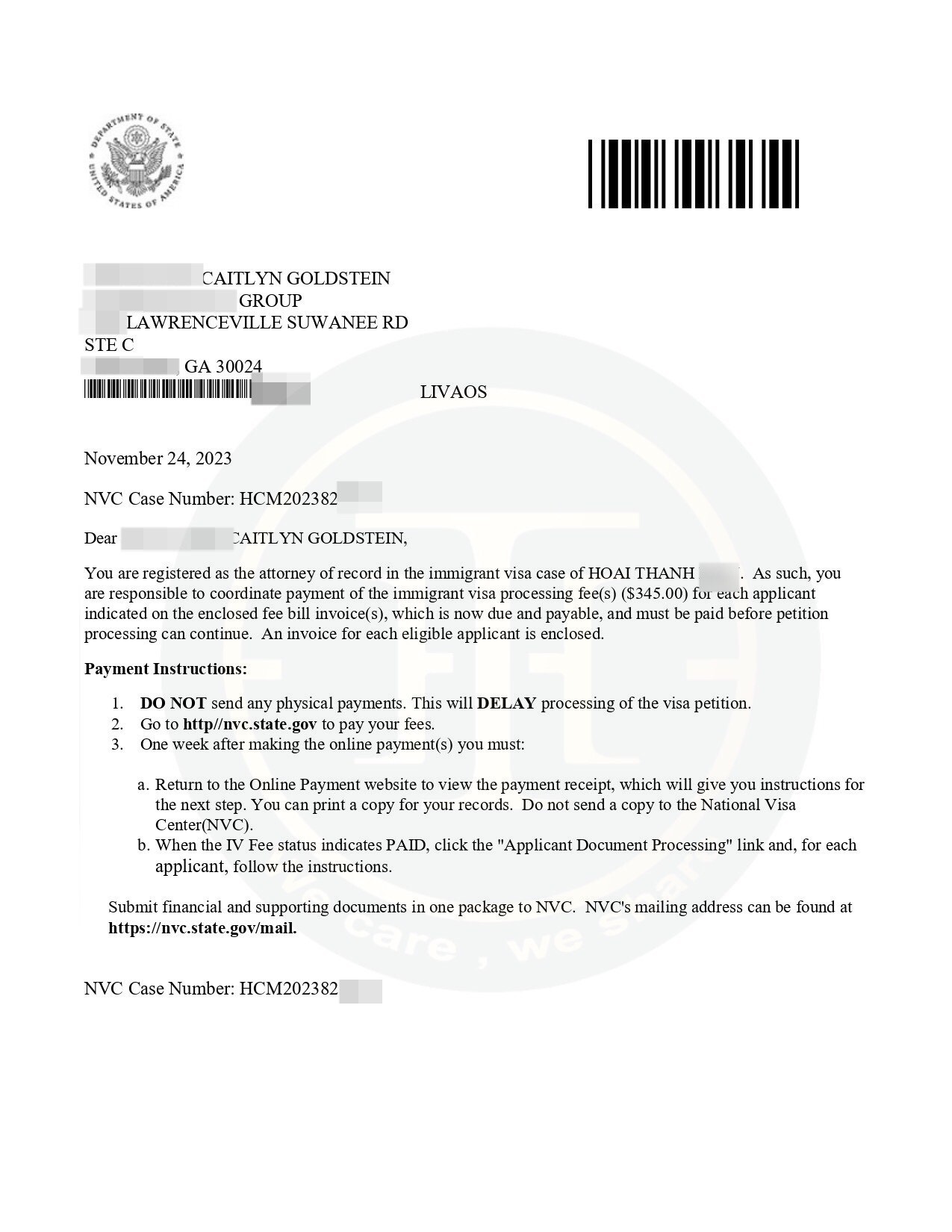 Thanh Hoài nhận thông báo nộp phí xử lý đơn thị thực nhập cư I-140
