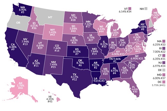 Bản đồ thuế VAT của các tiểu bang tại Mỹ