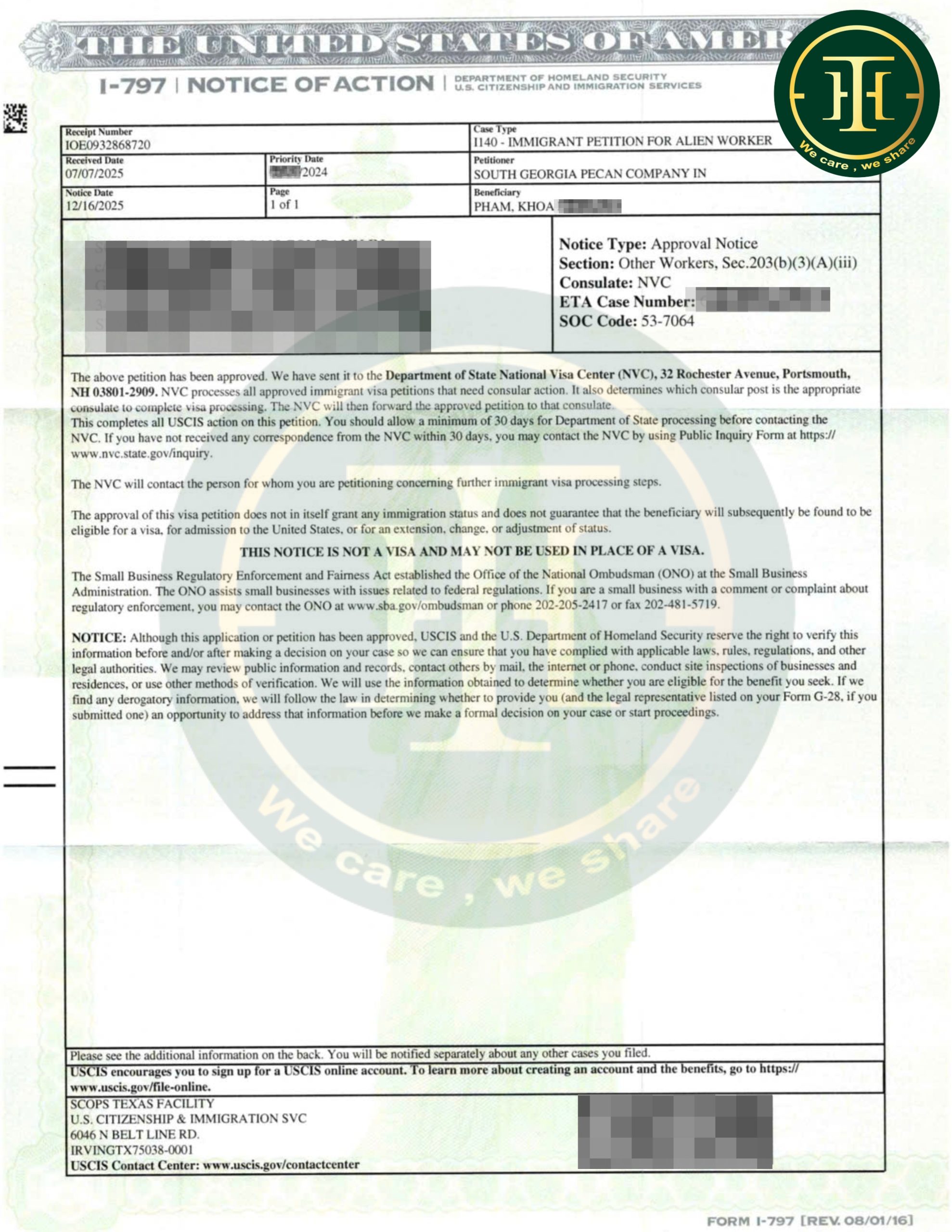 Hồ sơ I-140 chính thức được phê duyệt